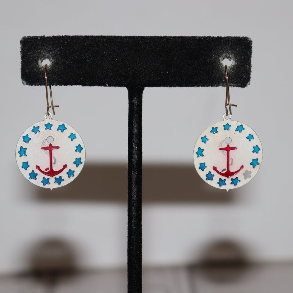 ⚓️🤍 Vintage Gold & White Anchor Dangle Earrings · Hook · 1 3/8" Tall · nautical